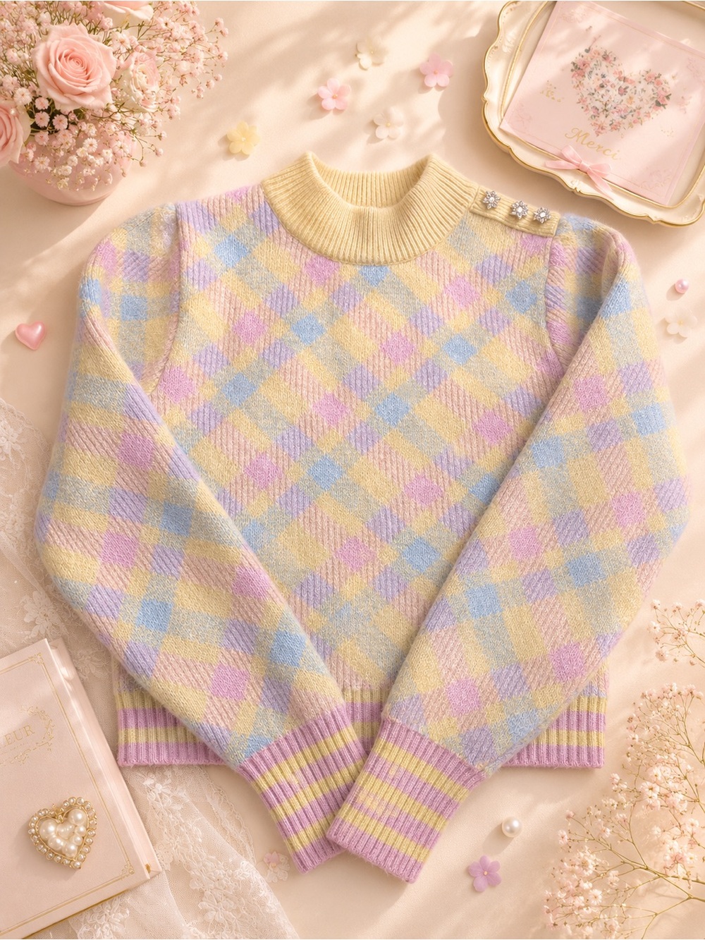 Zara Pastel Argyle Knit Sweater with Crystal Star Buttons – Size S